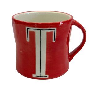 Anthropologie Red Ceramic Mug Letter T Monogram Curved Shape